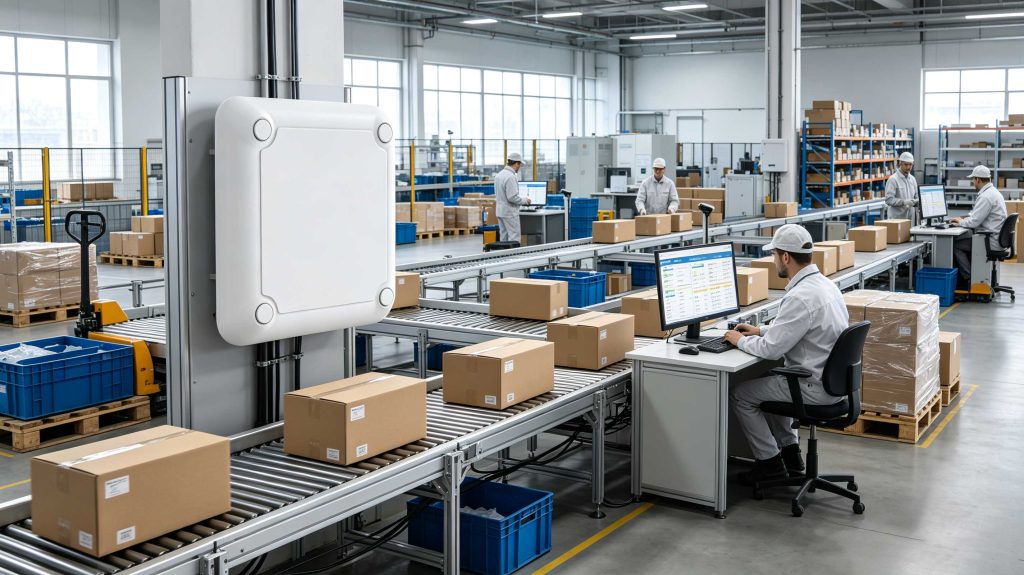 RFID tag transmitting data to a fixed RFID reader in a warehouse environment