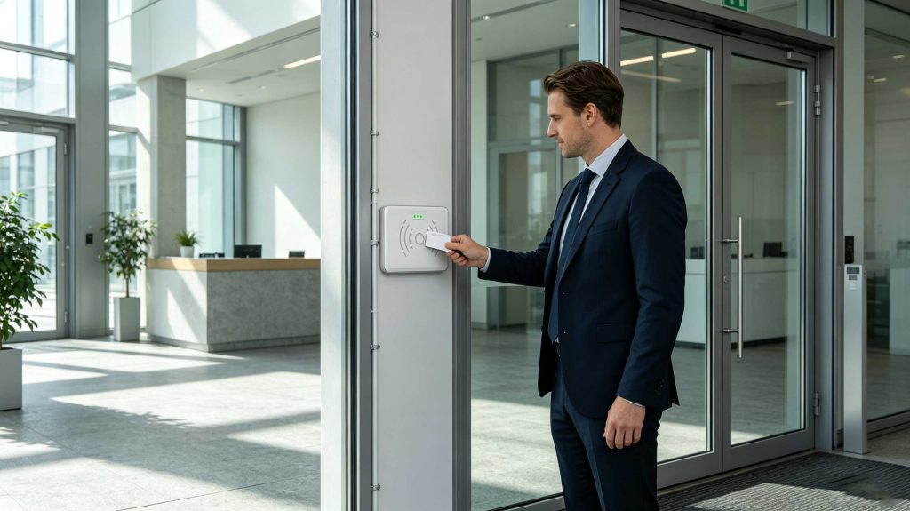 Professional using an RFID card reader at a European workplace entrance