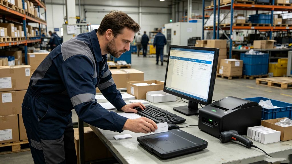 how to write rfid card: A Practical Guide to Writing UHF RFID Cards 2 RFID engineer verifying programmed UHF RFID cards at an industrial workstation