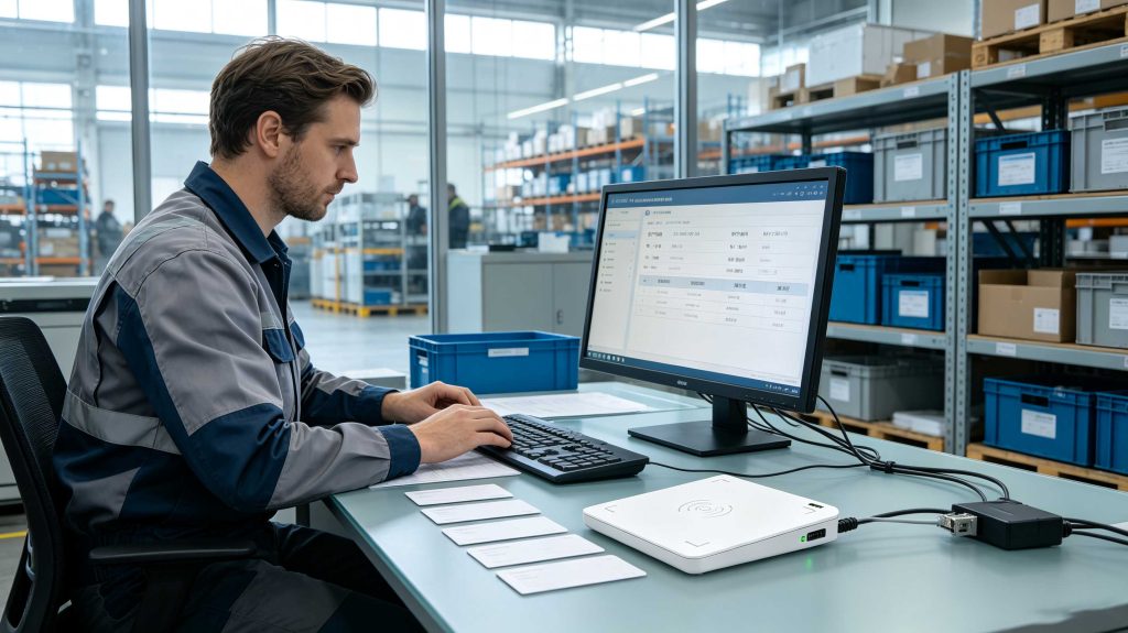 UHF RFID cards being registered at an industrial RFID workstation