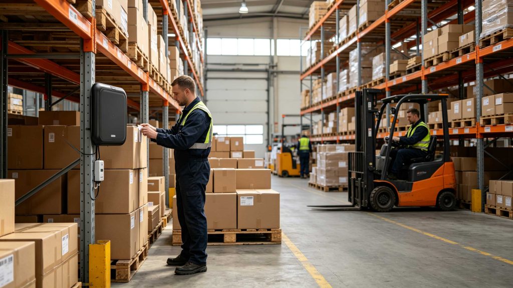 Warehouse worker attaching RFID tags to products for inventory management
