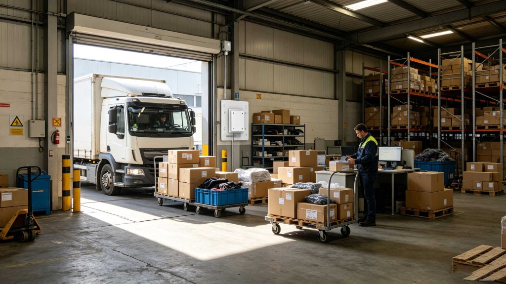 UHF RFID system identifying tagged products during warehouse receiving in Europe