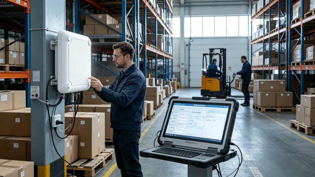 Engineer testing a fixed UHF RFID reader with tagged cartons in a European warehouse