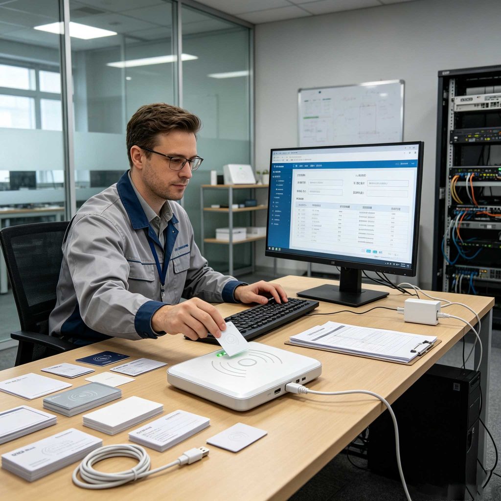 how to read rfid card 1 Engineer using desktop RFID reader to read RFID card information in a modern European office