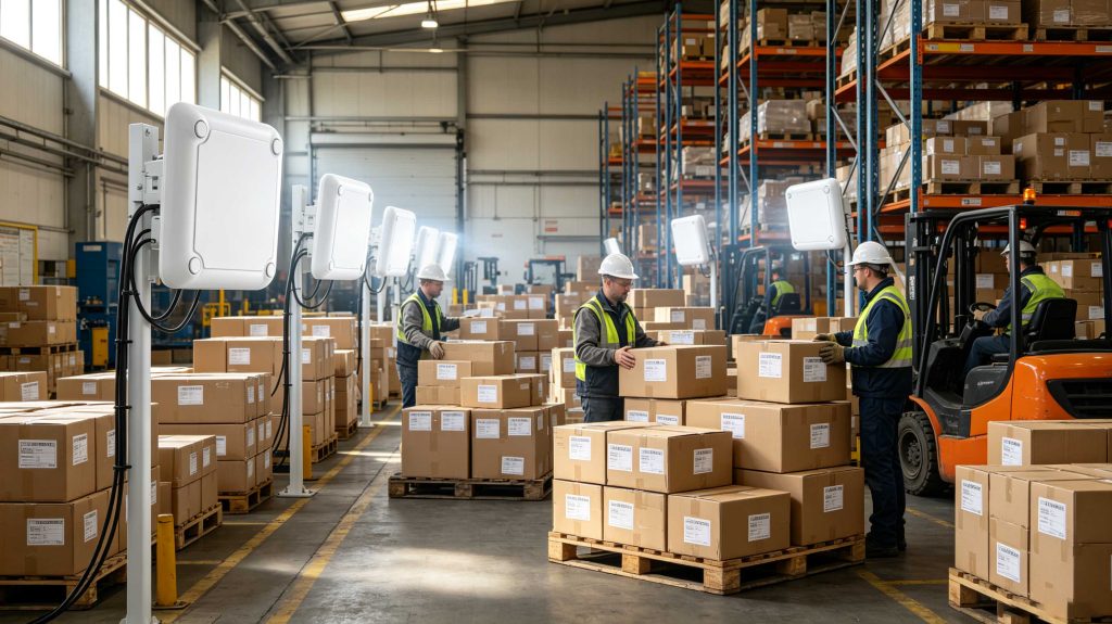 UHF RFID reader identifying multiple RFID tags on pallets in a European warehouse