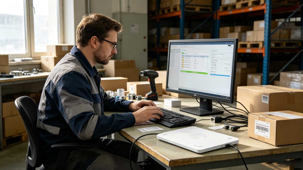 Technician programming passive UHF RFID tags with a desktop RFID reader writer