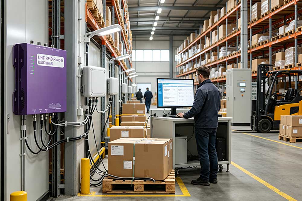 how to read a rfid chip 2 Industrial RFID reader detecting tagged products and transmitting chip data to warehouse software