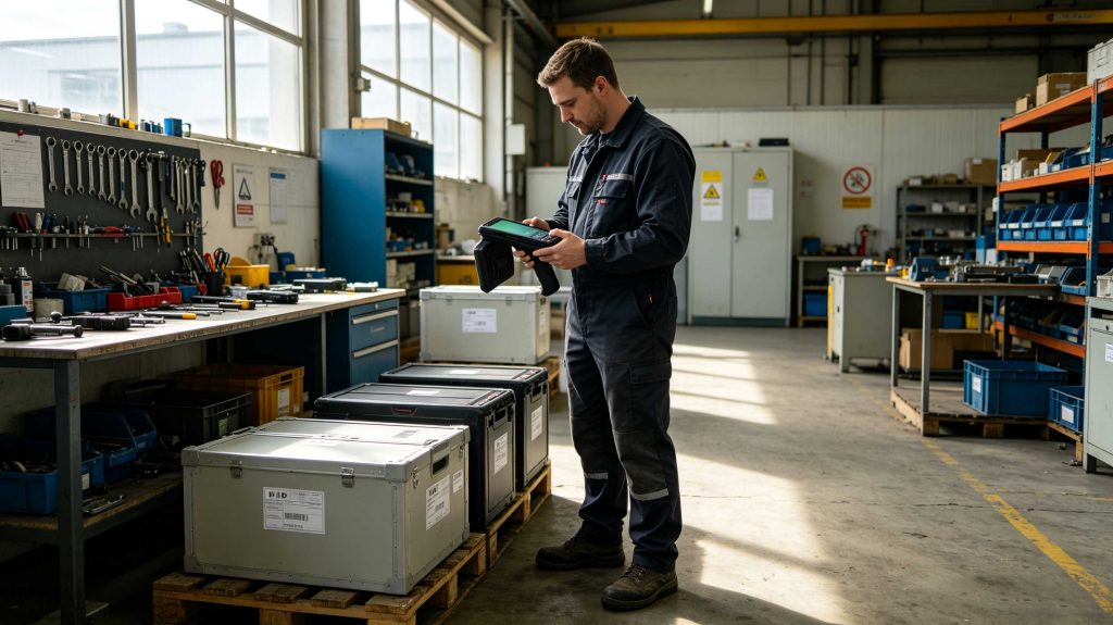 European technician using a handheld UHF RFID writer to update an asset tag