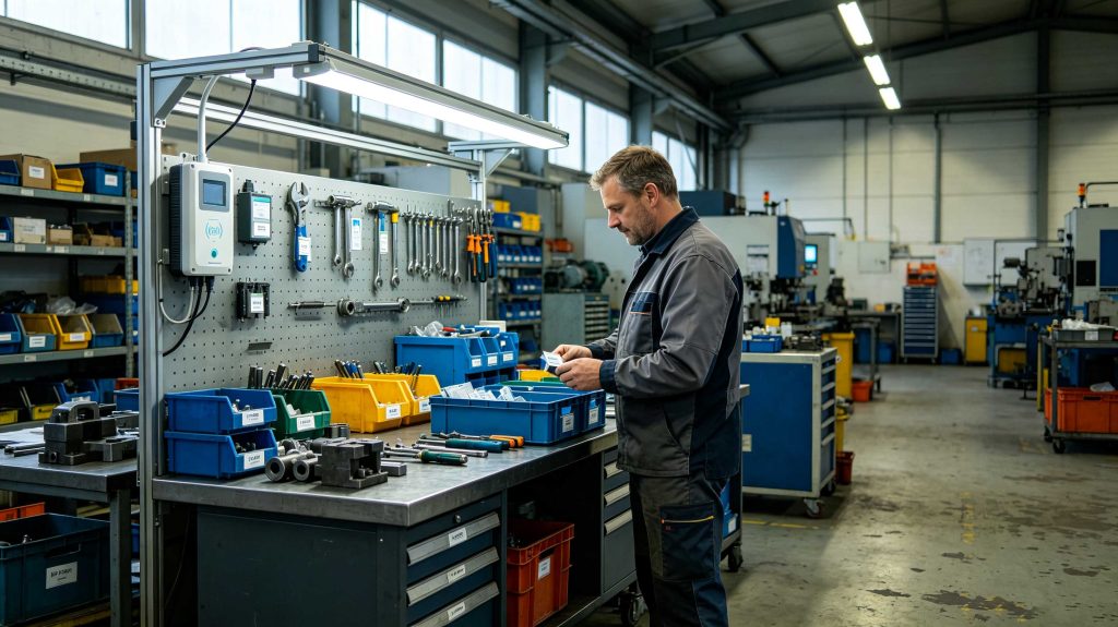 RFID system tracking tagged tools and equipment inside a European manufacturing facility