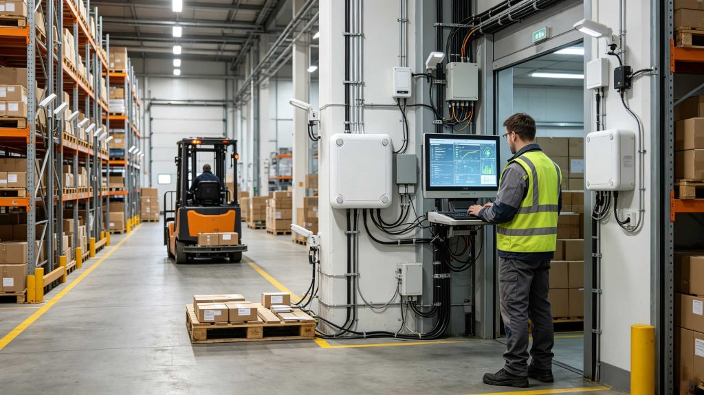RFID engineer testing programmed UHF RFID readers connected to warehouse automation software