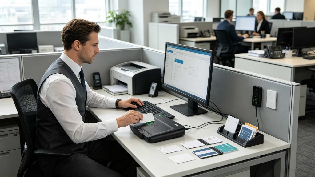 Employee using RFID card writer station to program access cards in a modern European workplace