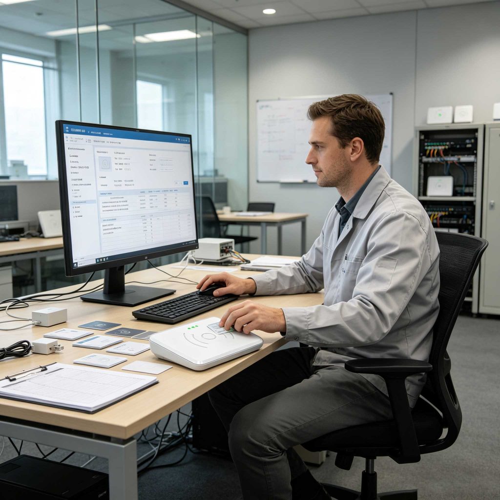 Engineer using a desktop RFID card reader to read RFID card data in a modern European office