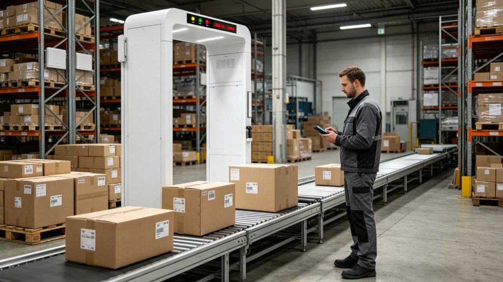 RFID reader portal scanning tagged retail cartons in a European distribution center