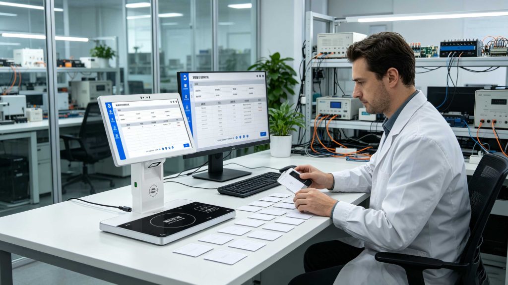 Engineer programming RFID cards with RFID writer in enterprise environment