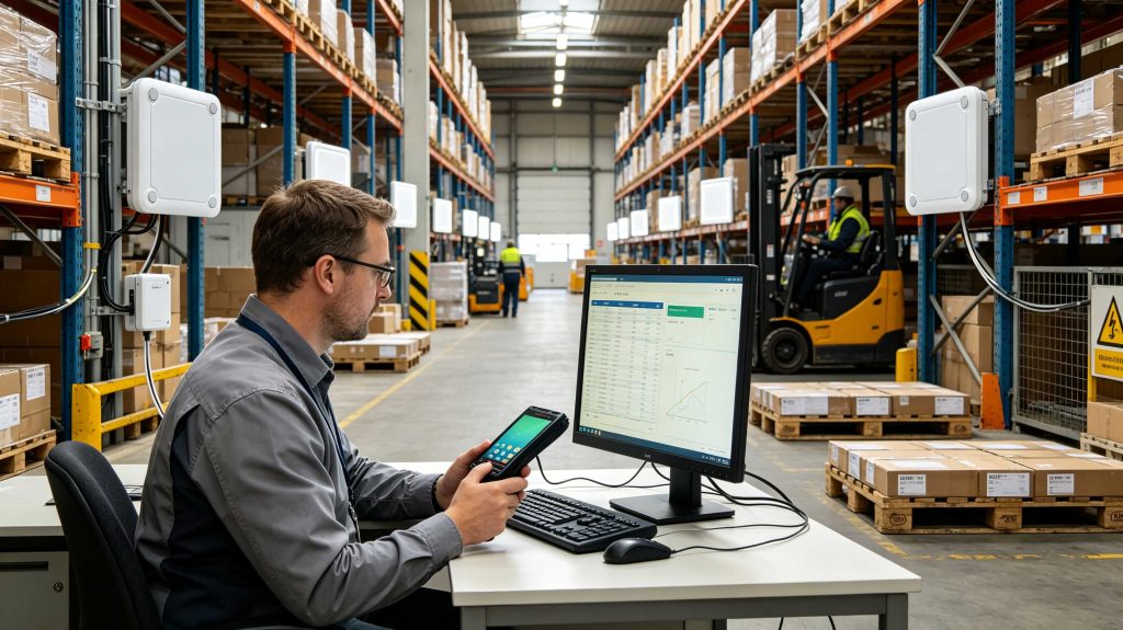 Technician configuring a UHF RFID reader and warehouse software during RFID system implementation