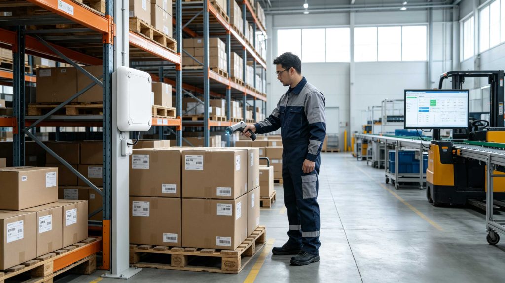 Warehouse worker scanning RFID tags using UHF RFID reader system