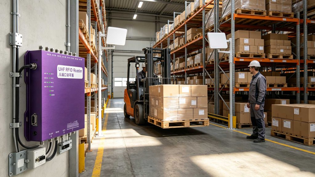How Far Does RFID Work? A Practical Guide to RFID Read Range 1 Fixed UHF RFID reader scanning pallets and cartons in a European warehouse