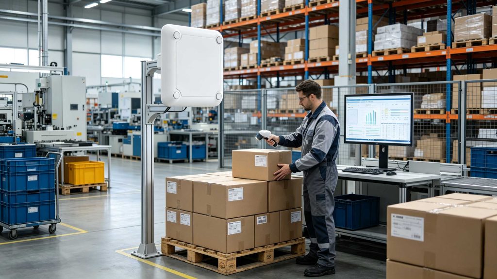 RFID reader scanning tagged products connected with inventory management software