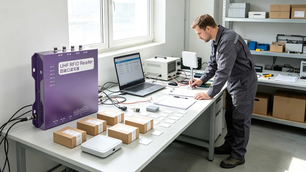 Engineer testing a UHF RFID reader with RFID tags on a professional electronics workbench