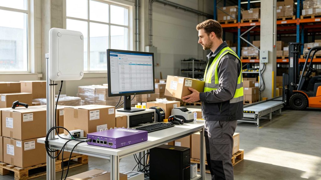 Industrial UHF RFID reader connected to a computer at a European inventory workstation