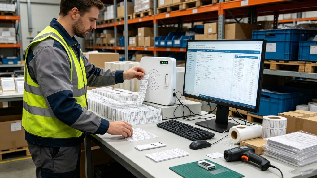 how to program rfid stickers 2 Technician performing batch RFID sticker programming with a desktop RFID encoder