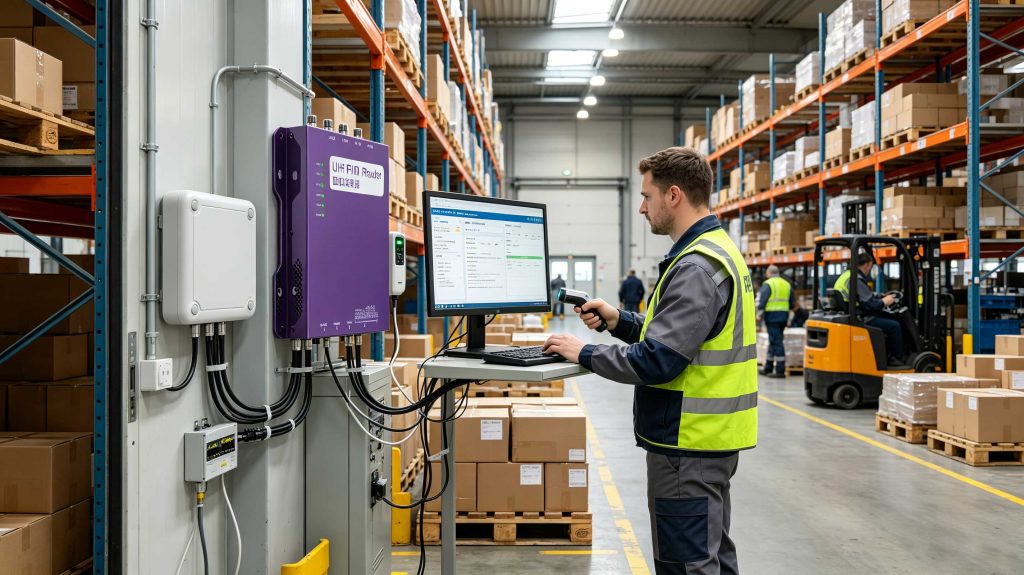 Engineer using a UHF RFID reader to scan tagged products in a European warehouse