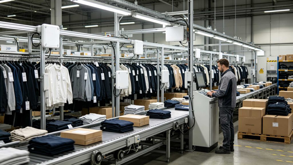 How RFID Readers Work: UHF RFID Communication Explained 2 UHF RFID reader identifying tagged garments on a conveyor in a European apparel distribution center