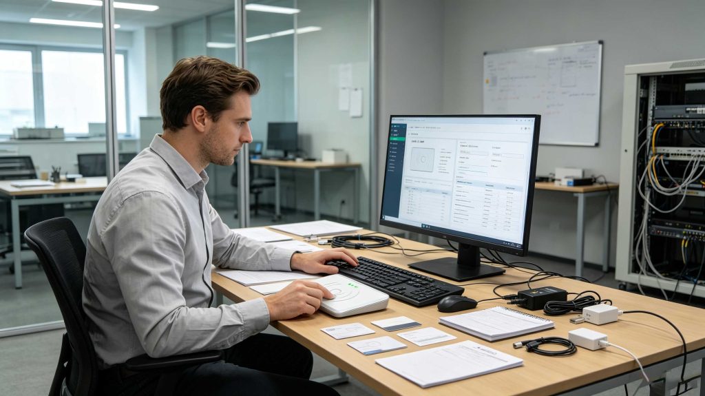 Technician testing RFID card data reading using desktop RFID reader equipment in a European office