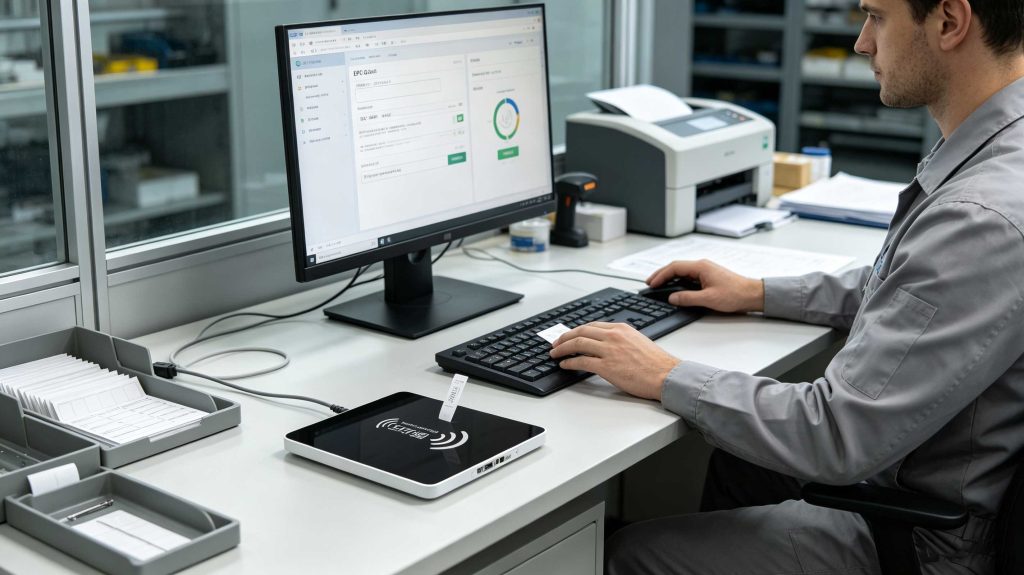 How to Encode RFID Tags: A Practical Guide to RFID Tag Writing 2 Technician verifying encoded RFID tags with a UHF desktop RFID reader