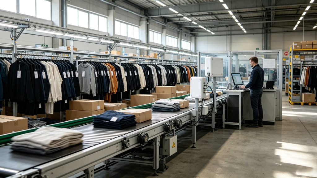 How RFID Scanners Work: UHF RFID Identification in Real Operations 2 UHF RFID scanner identifying tagged garments on an automated European warehouse conveyor