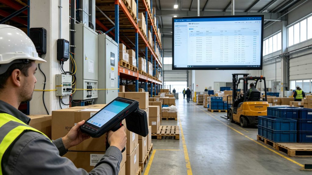 Warehouse operator using handheld RFID reader to scan RFID tags on industrial pallets in a modern European logistics center