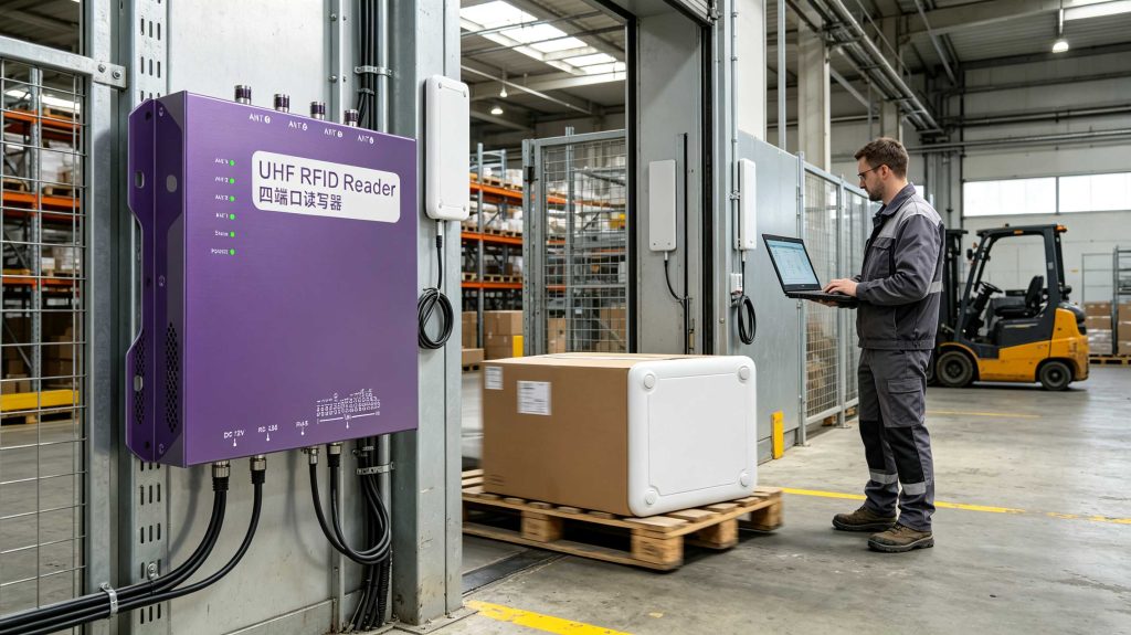 RFID engineer commissioning antennas around tagged pallets in a European distribution center