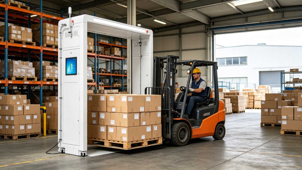 UHF RFID reader processing hundreds of tagged cartons on a pallet at a European warehouse portal