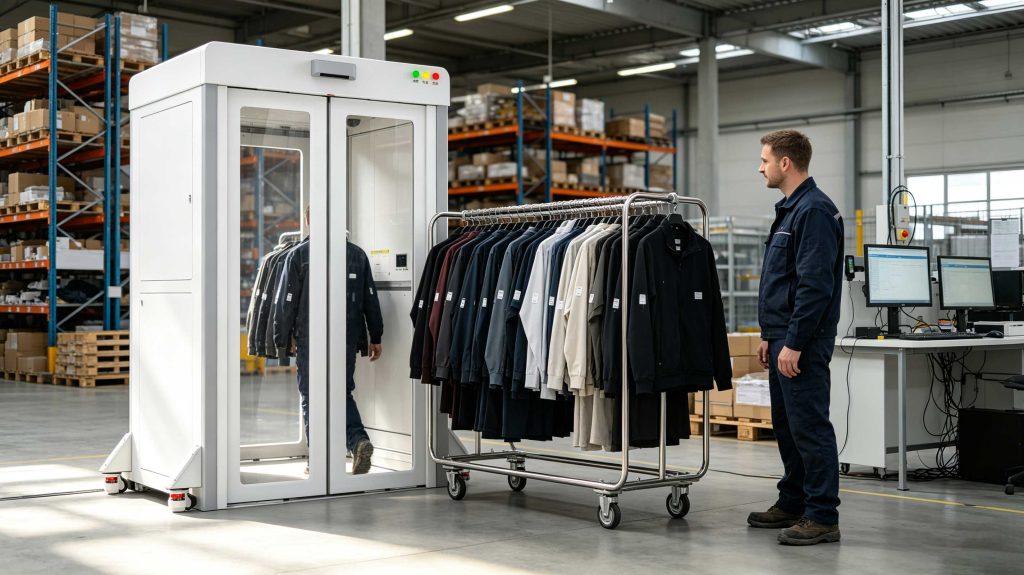 UHF RFID inventory channel reading tagged clothing carts in a European warehouse