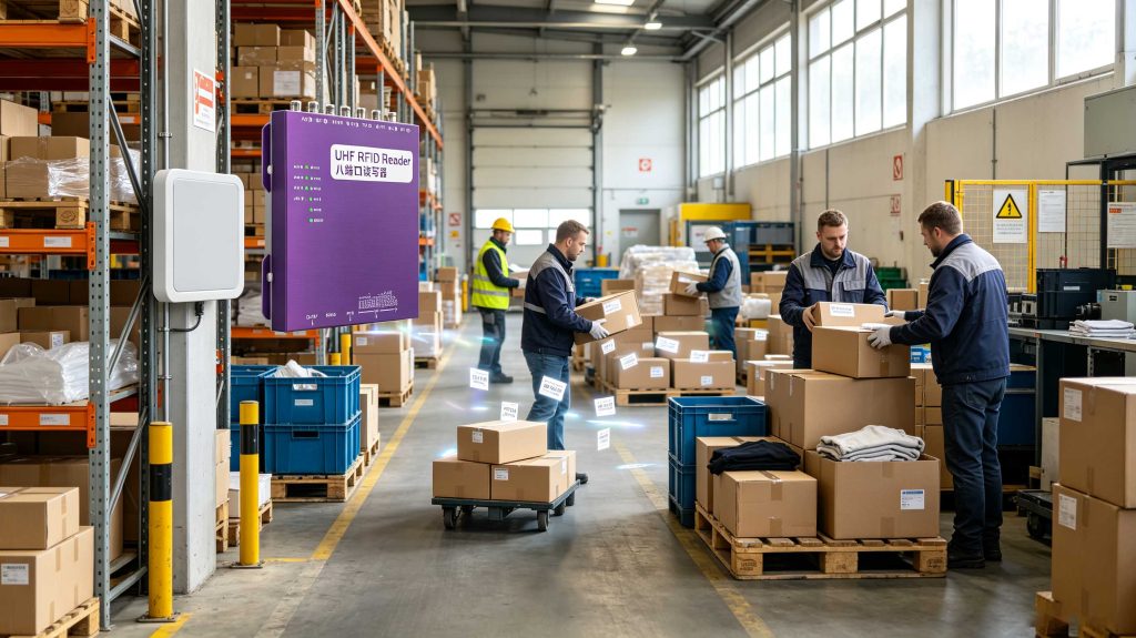 Passive UHF RFID labels on cartons being identified by a fixed RFID reader in a European warehouse