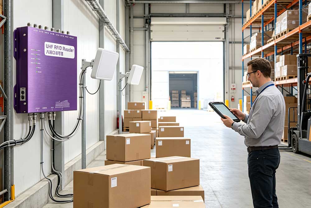 Technician testing passive UHF RFID tags at different distances and orientations