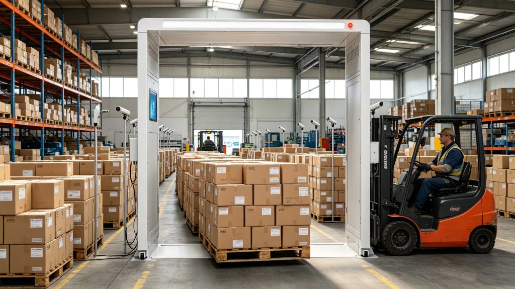 UHF RFID reader identifying multiple RFID tags on a pallet in a European warehouse