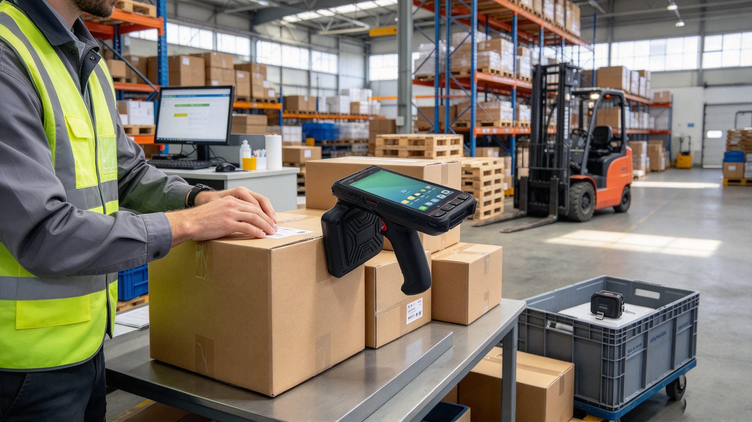 Warehouse operator using an RFID reader to verify tagged cartons beside industrial storage racks.