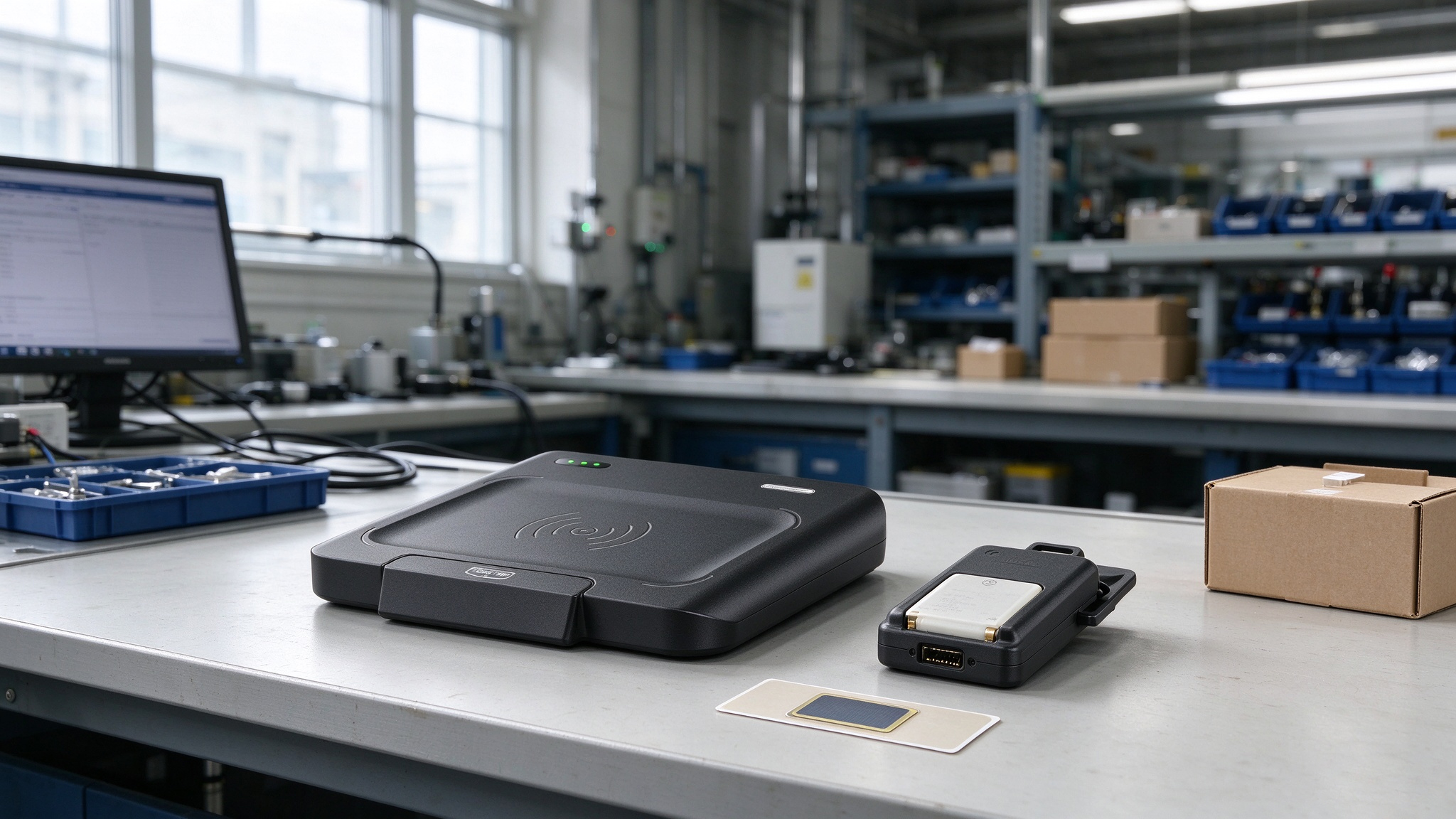 Battery-powered active RFID asset tag beside a thin passive UHF RFID label and reader.
