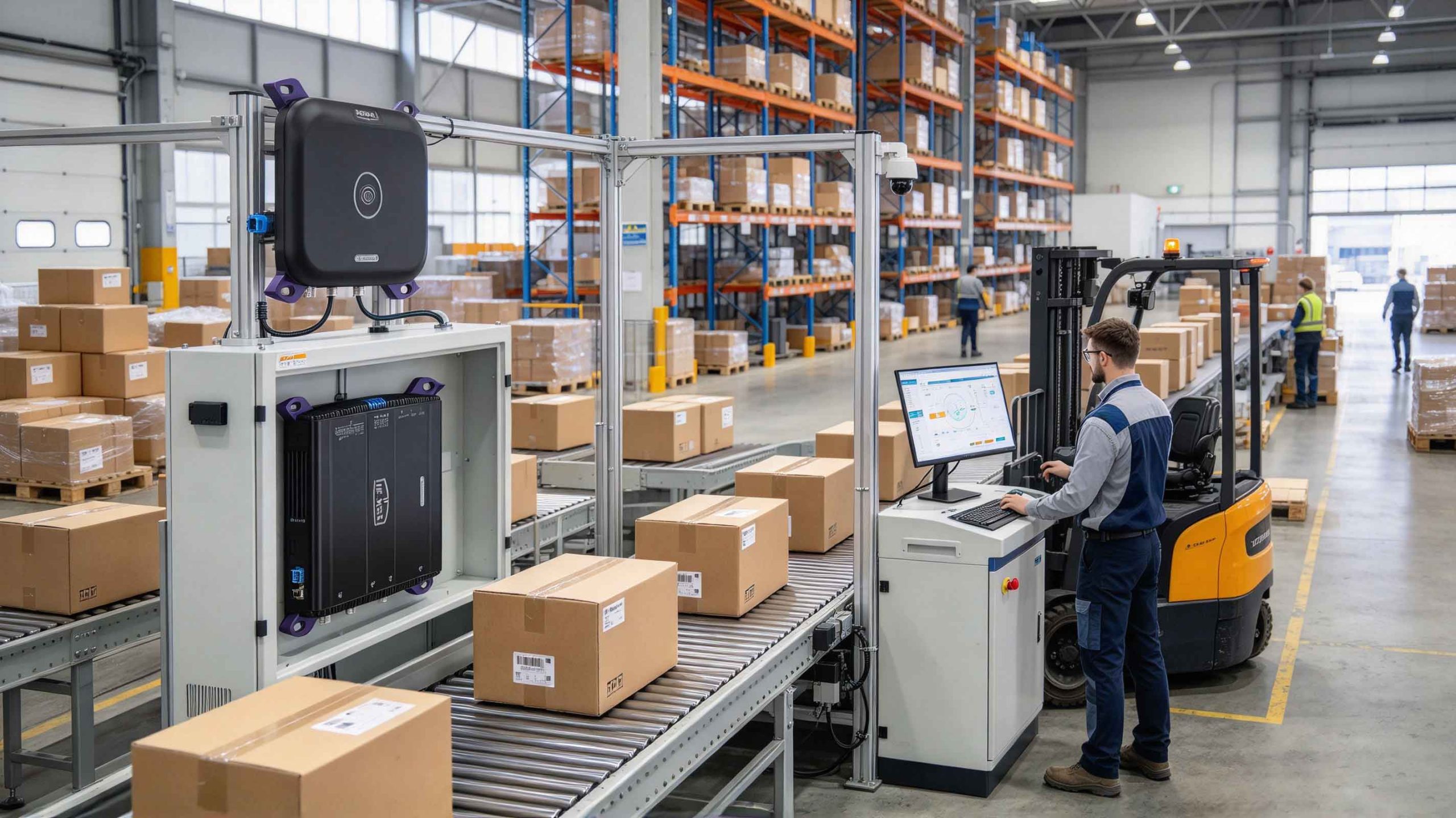 RFID-enabled conveyor station checking tagged cartons before shipment dispatch in a European warehouse.