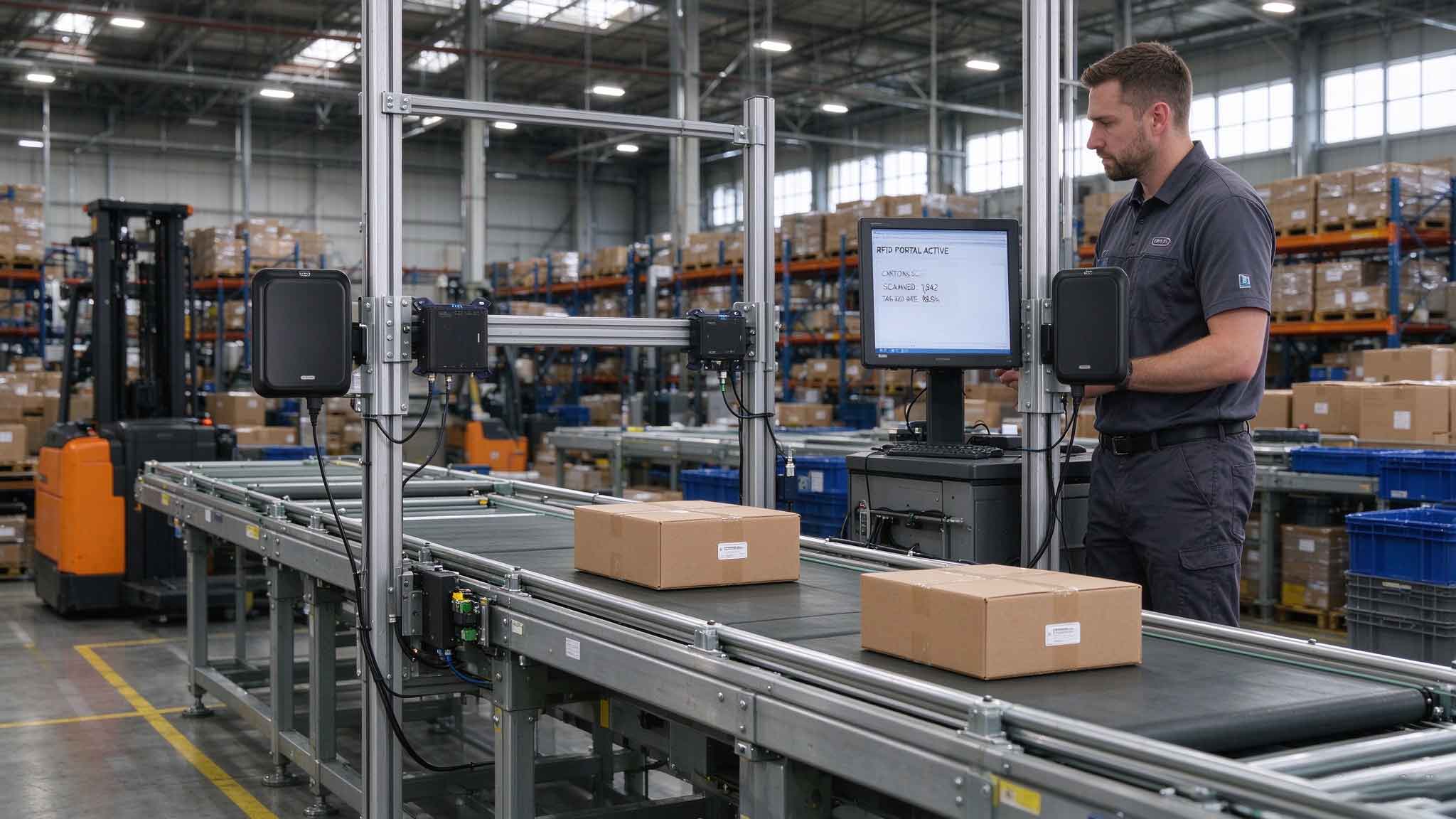 What Is RFID and How Is It Used? 2 Fixed UHF RFID readers identifying cartons as they pass through a warehouse portal