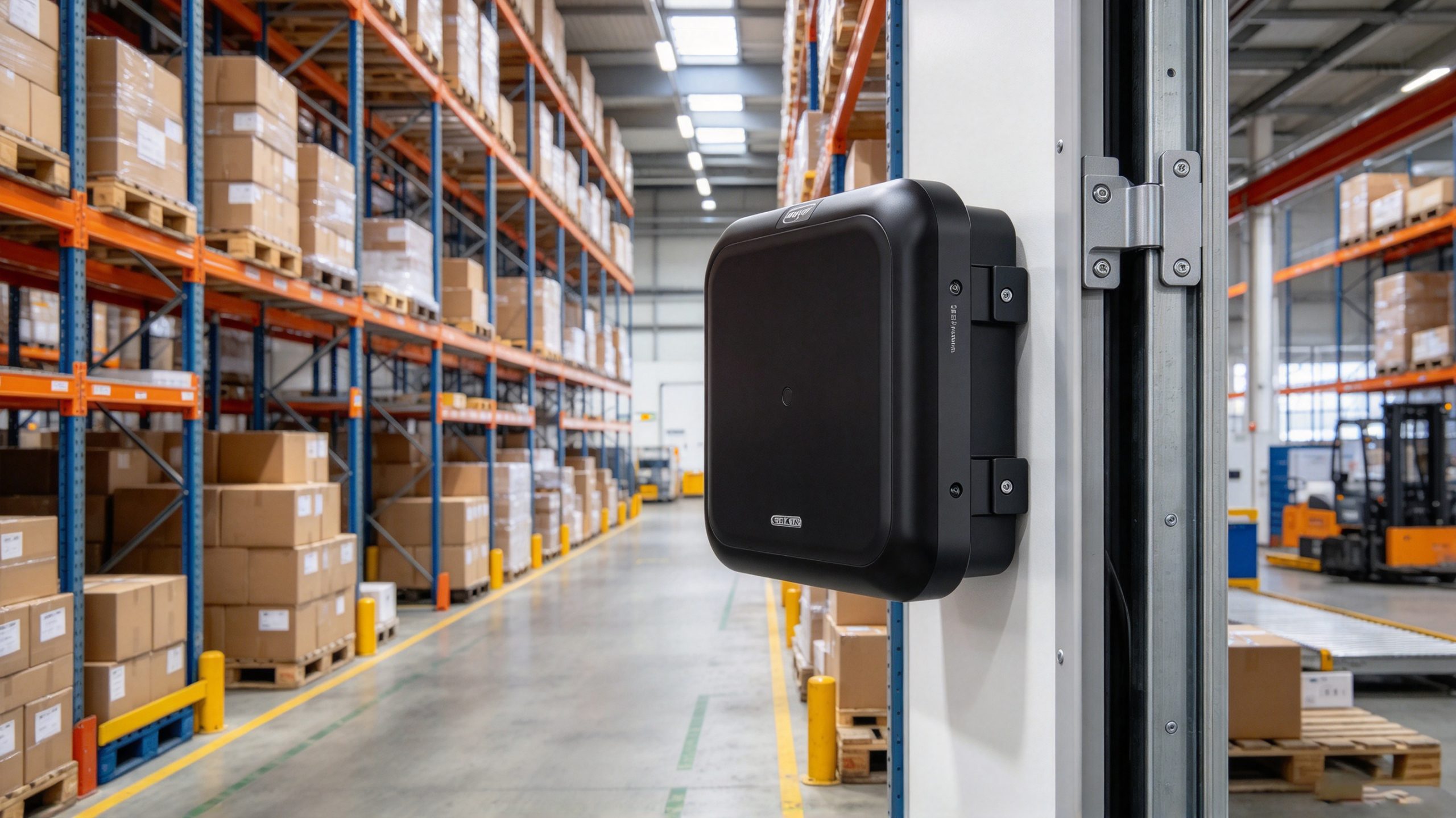 Compact industrial UHF RFID reader with an integrated 9 dBi antenna installed near a warehouse entrance.