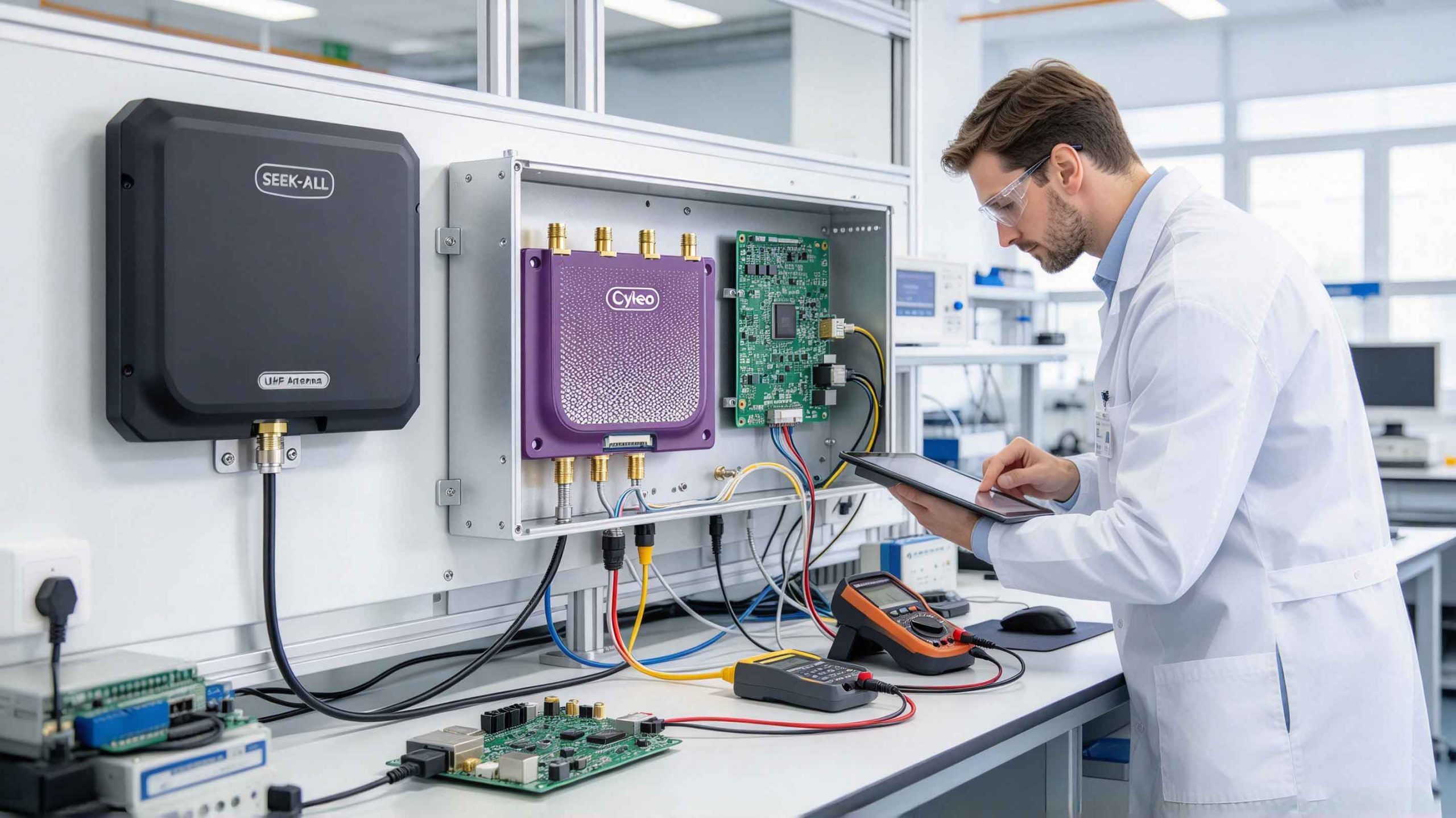 what is rfid module 1 Compact UHF RFID read-write module with RF connectors integrated into an industrial equipment development setup.