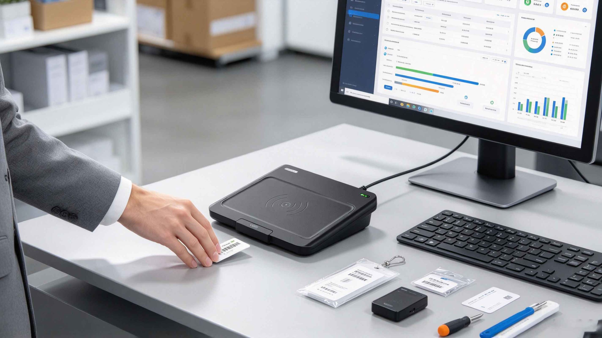 what is rfid card reader 2 Employee using a desktop RFID reader-writer to scan a tagged item beside a computer at a European retail workstation.