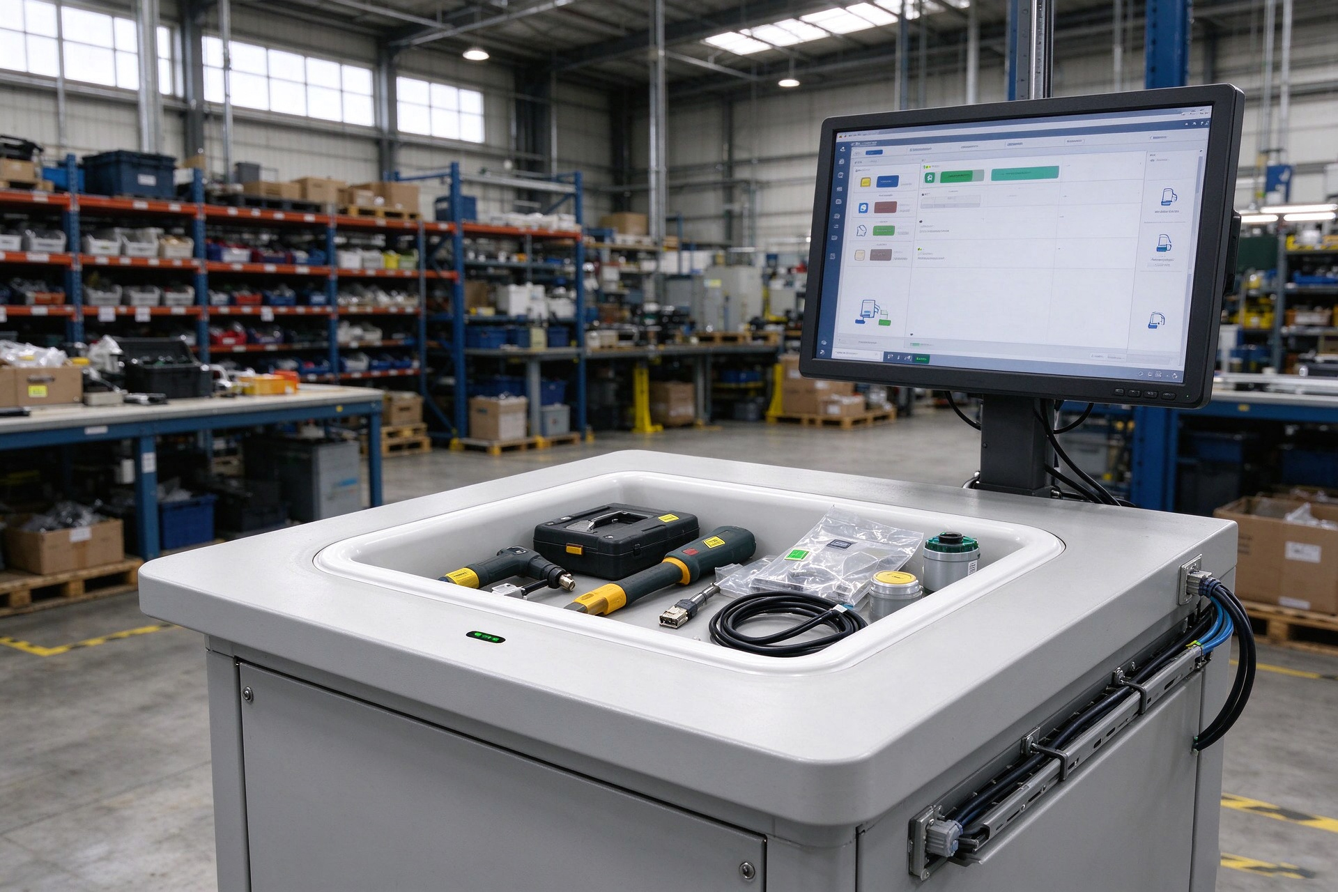 Embedded RFID sensing frame identifying multiple tagged tools and supplies at a warehouse issue station