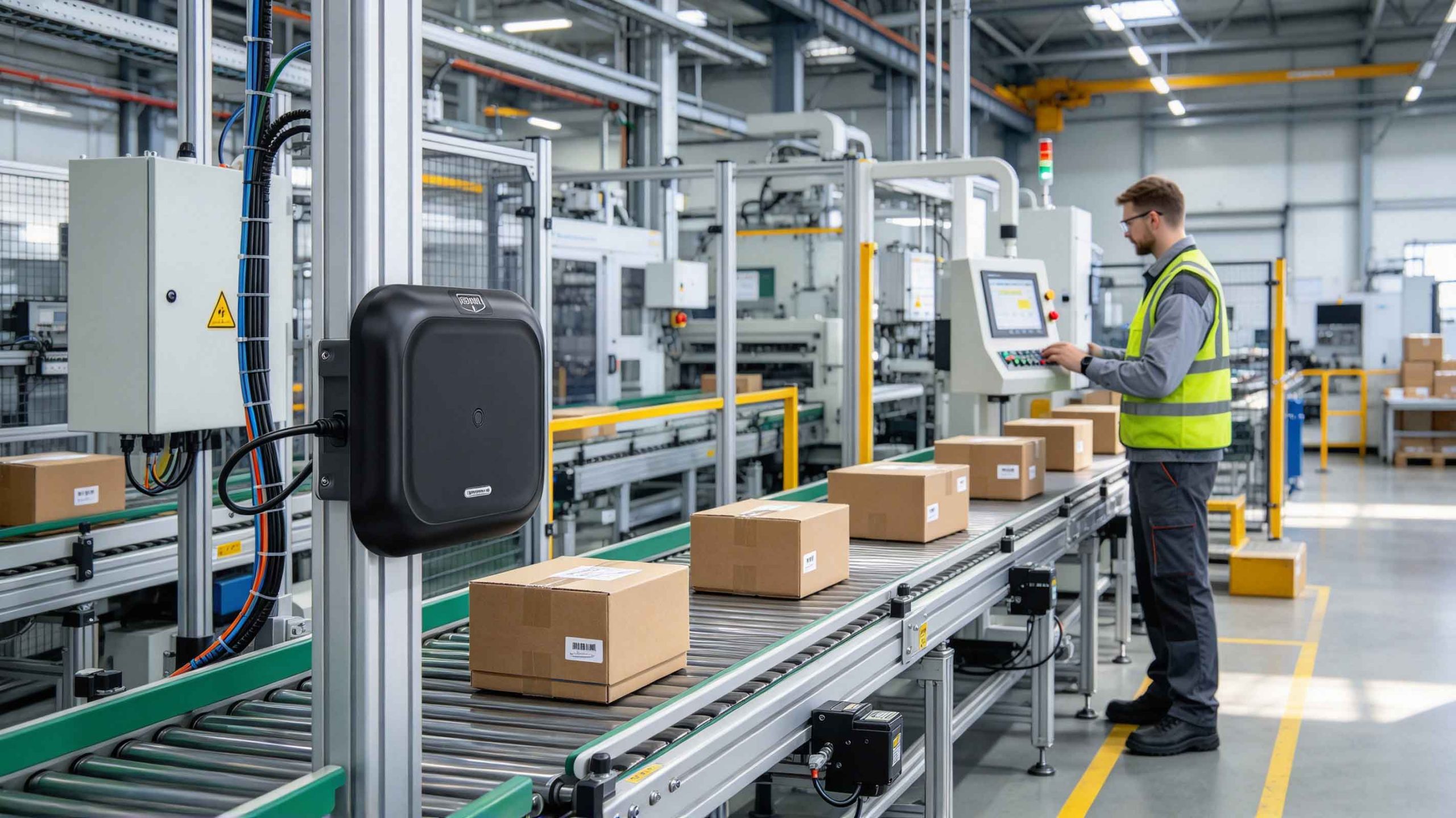 what is rfid device 2 An industrial RFID reader installed beside a production conveyor to identify tagged components.