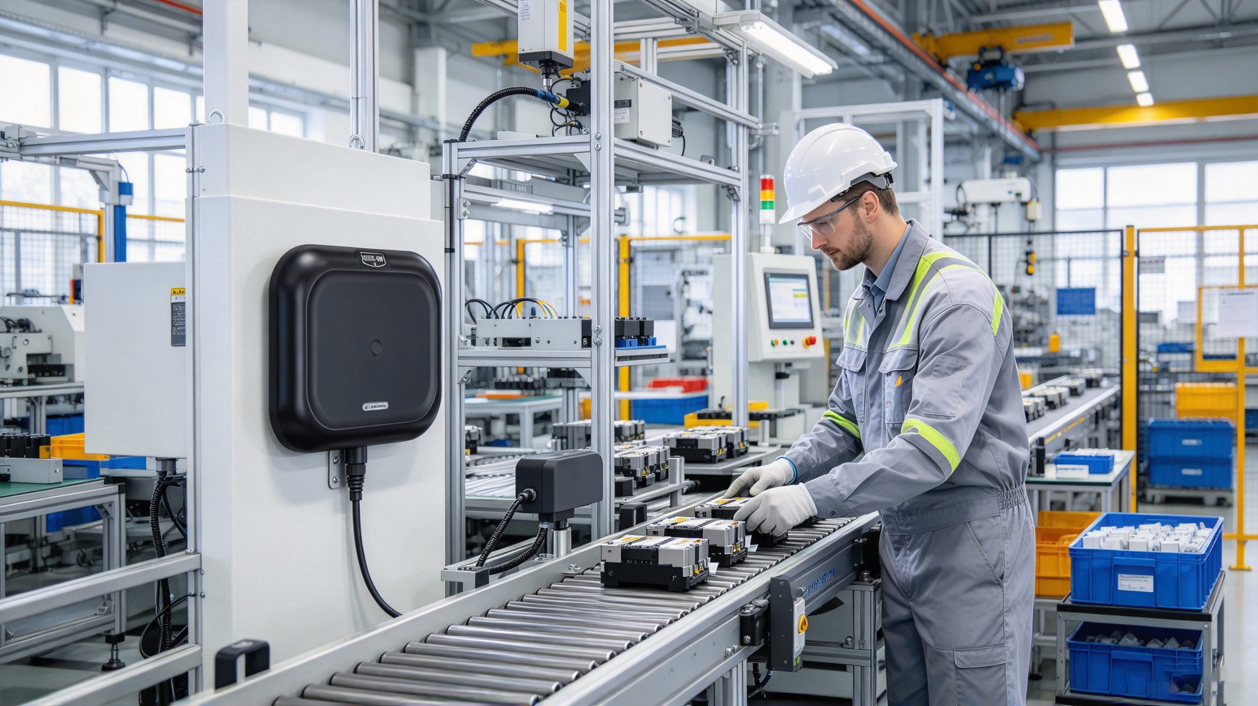 Industrial fixed RFID reader installed on a production line to track tagged components.