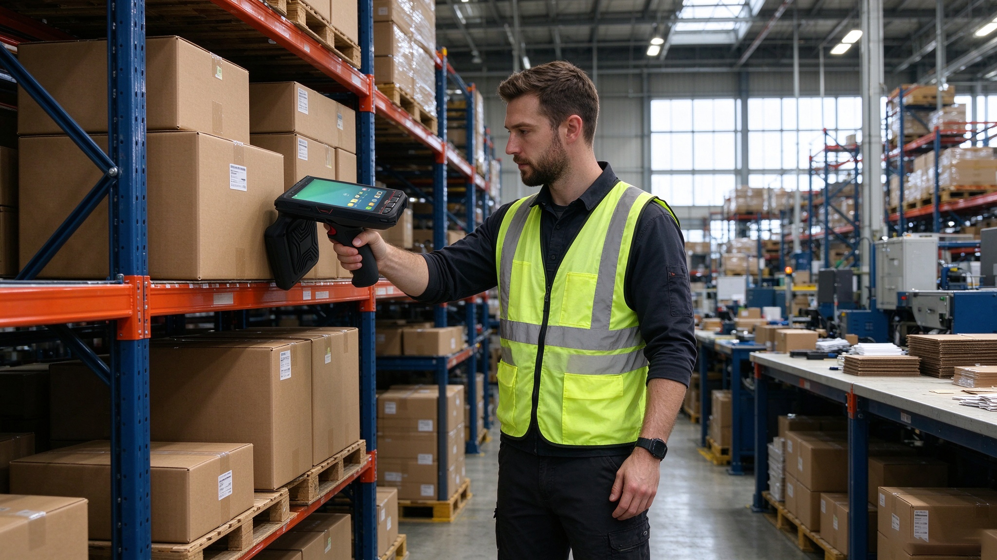 Warehouse operator using a UHF RFID reader to identify tagged inventory items.