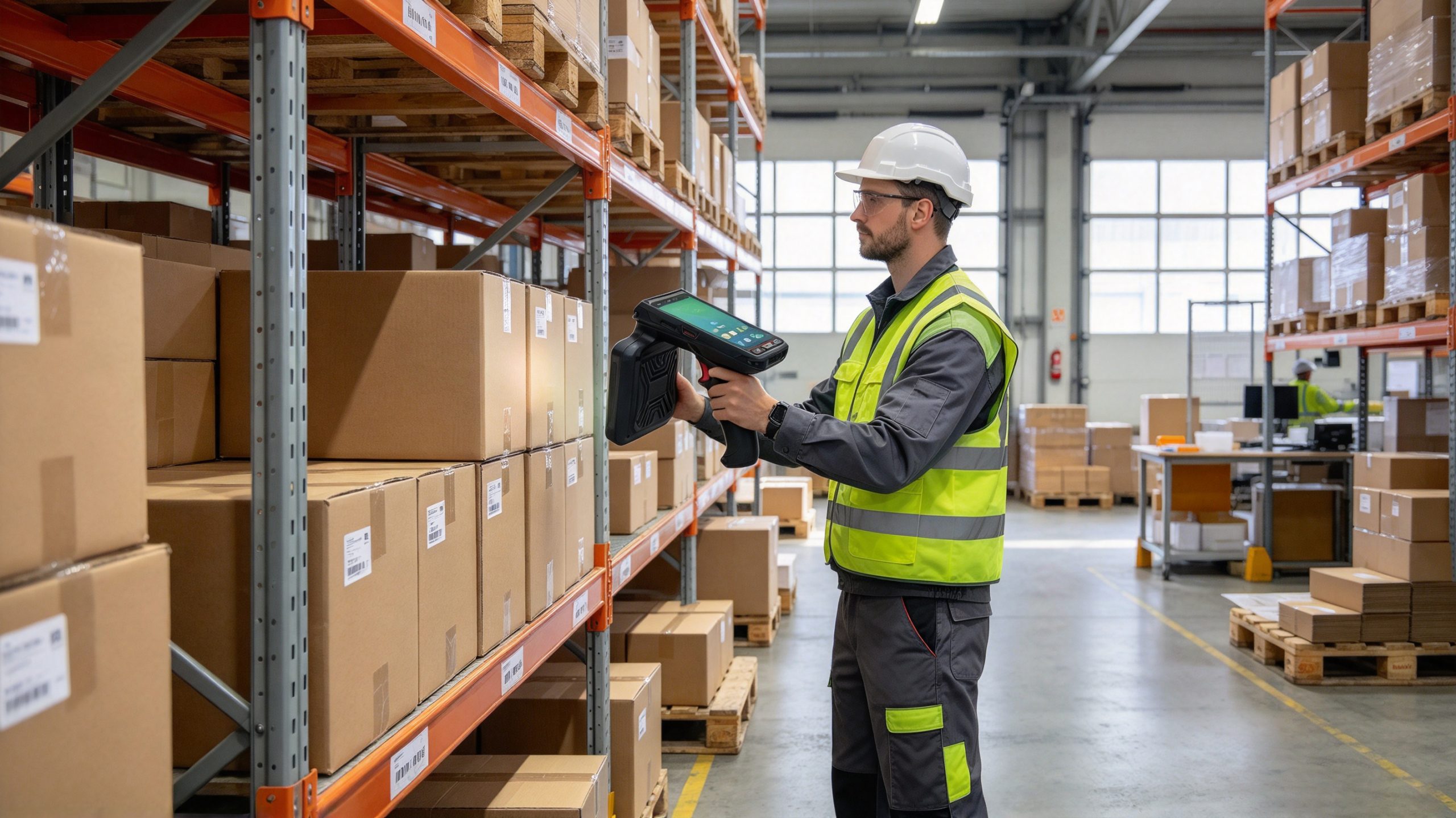 what is rfid scanner 1 Warehouse worker using a handheld RFID scanner to identify tagged inventory products.