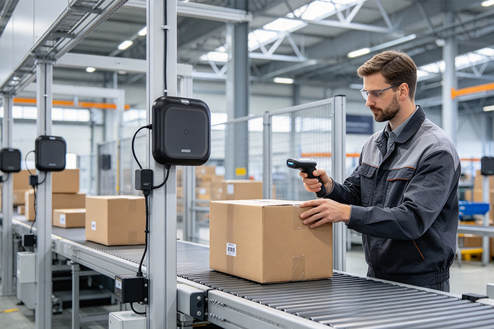 Warehouse employee verifying incoming cartons with barcode scanning equipment and an RFID reader station.